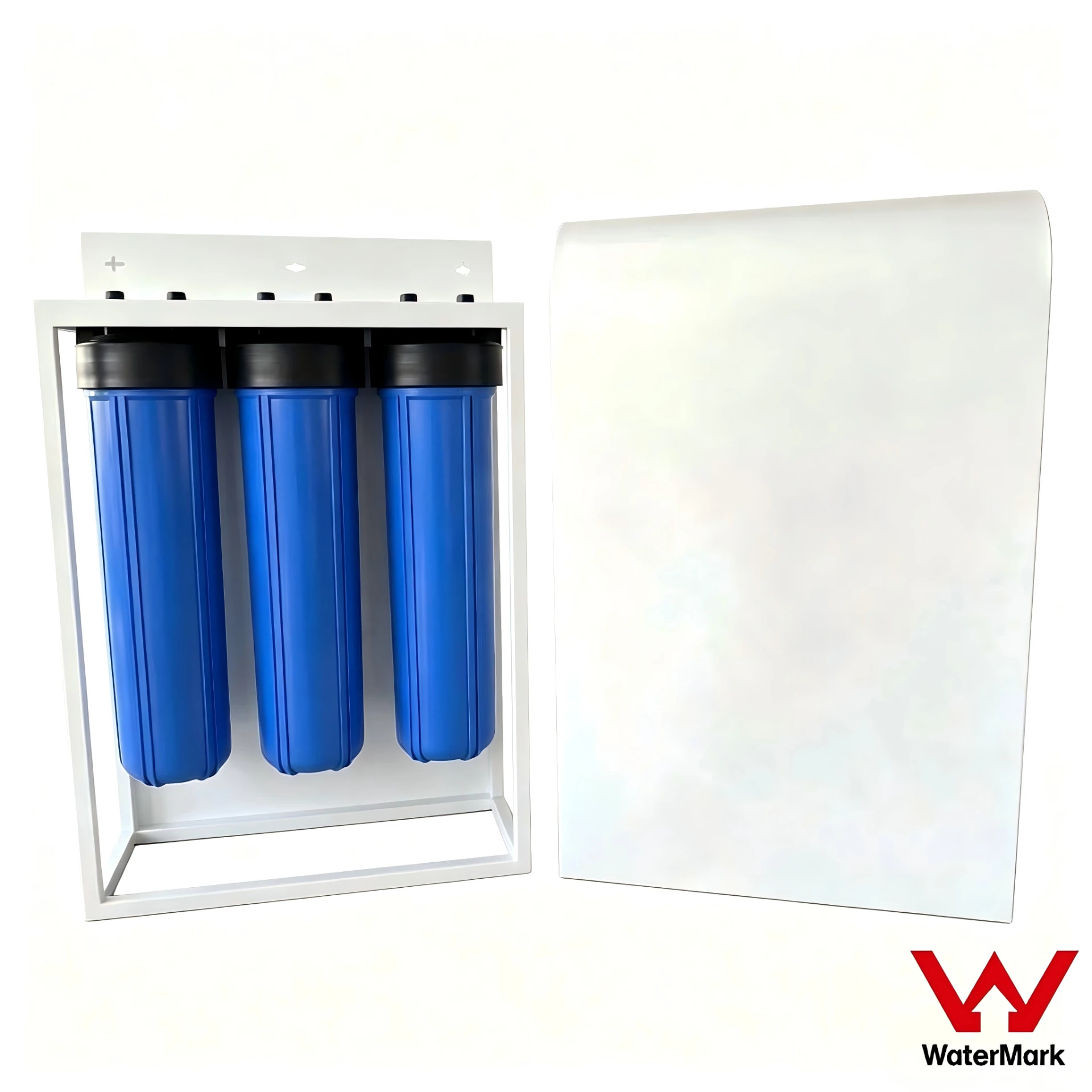 White triple filter system shown open with three blue housings, beside its detached enclosure cover