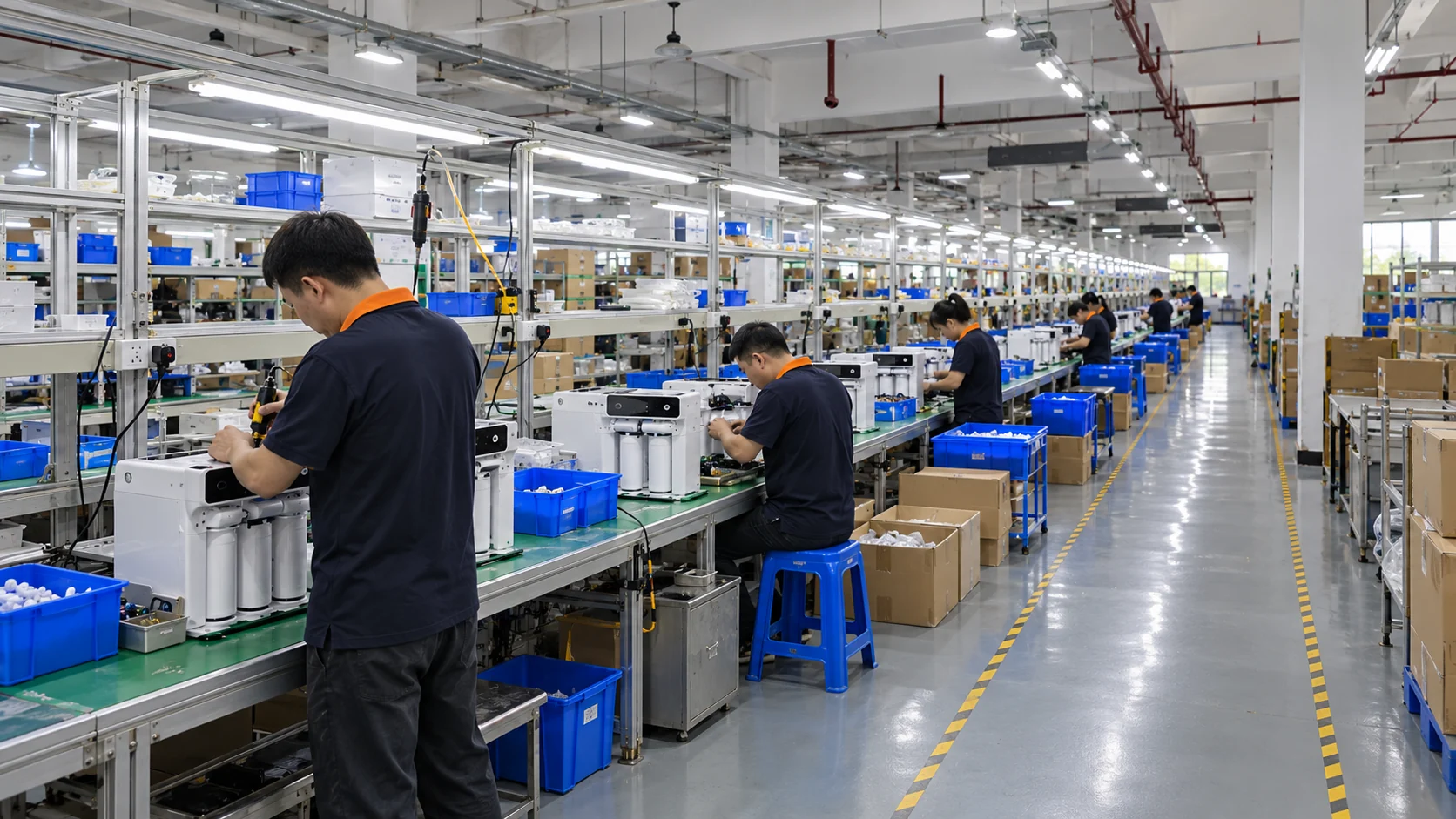 Reconstructed assembly workshop showing workers, filtration appliances, equipment and workbenches along an aisle