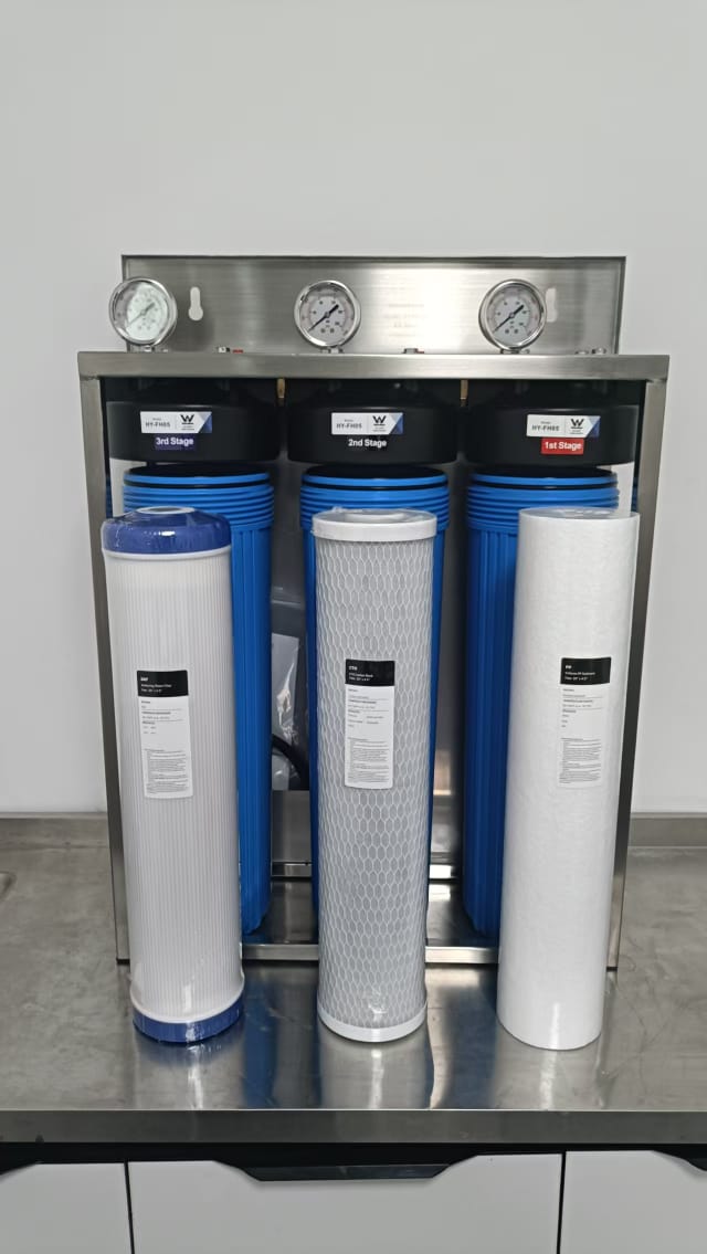 Triple Big Blue system with stainless frame, three pressure gauges and three filter cartridges
